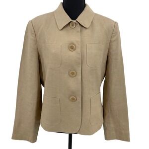 Talbots Petites 100% Irish Linen Blazer Jacket Tan Khaki Utility Size 12P